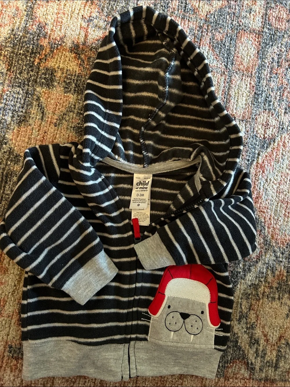 child of mine Navy and Gray Striped Hoodie with Red Walrus Patch